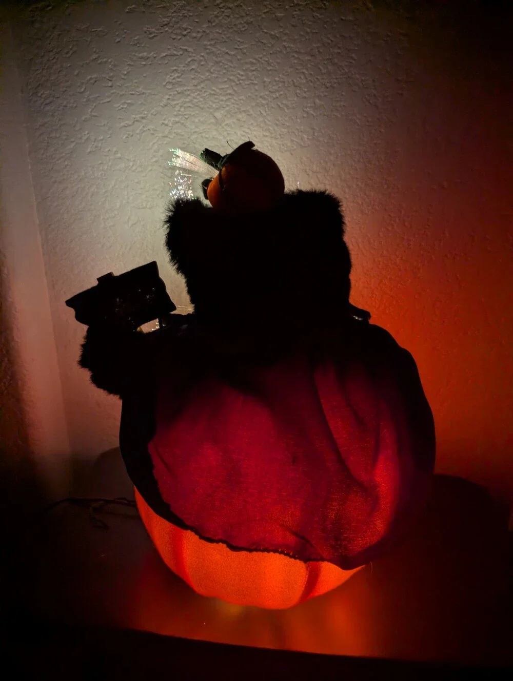 Vintage Halloween Fiber Optic Black Cat In Pumpkin Hat Cape in Pumpkin 12